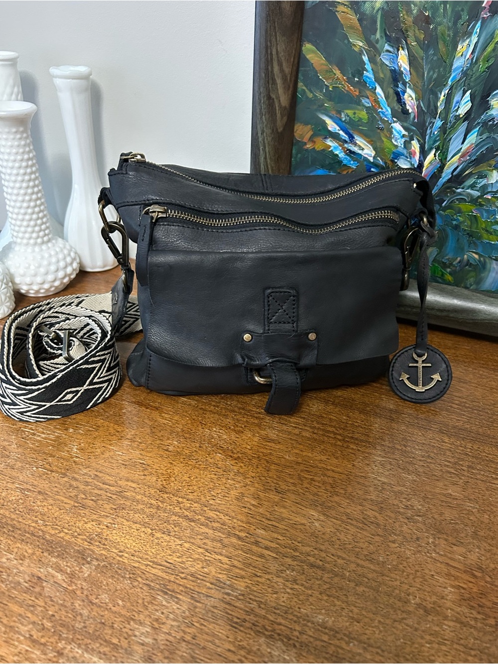 Harbour 2nd "Hazel" Black Vintage Leather Crossbody Bag with Geometric Strap